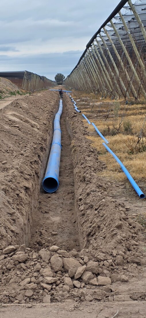 Conducción principal de PVC en una zanja junto a un viñedo